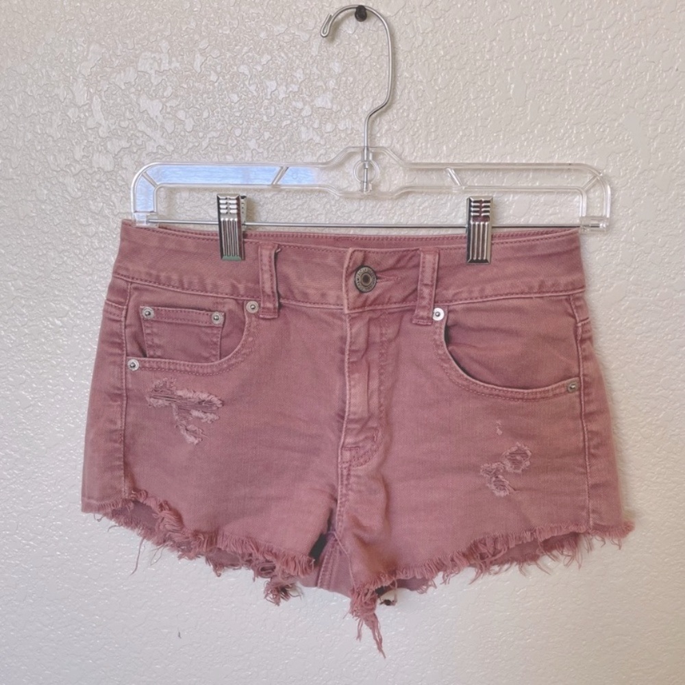 American Eagle High Waist Mauve Pink Distressed STRETCH Denim Shorts 0 (SHT015)